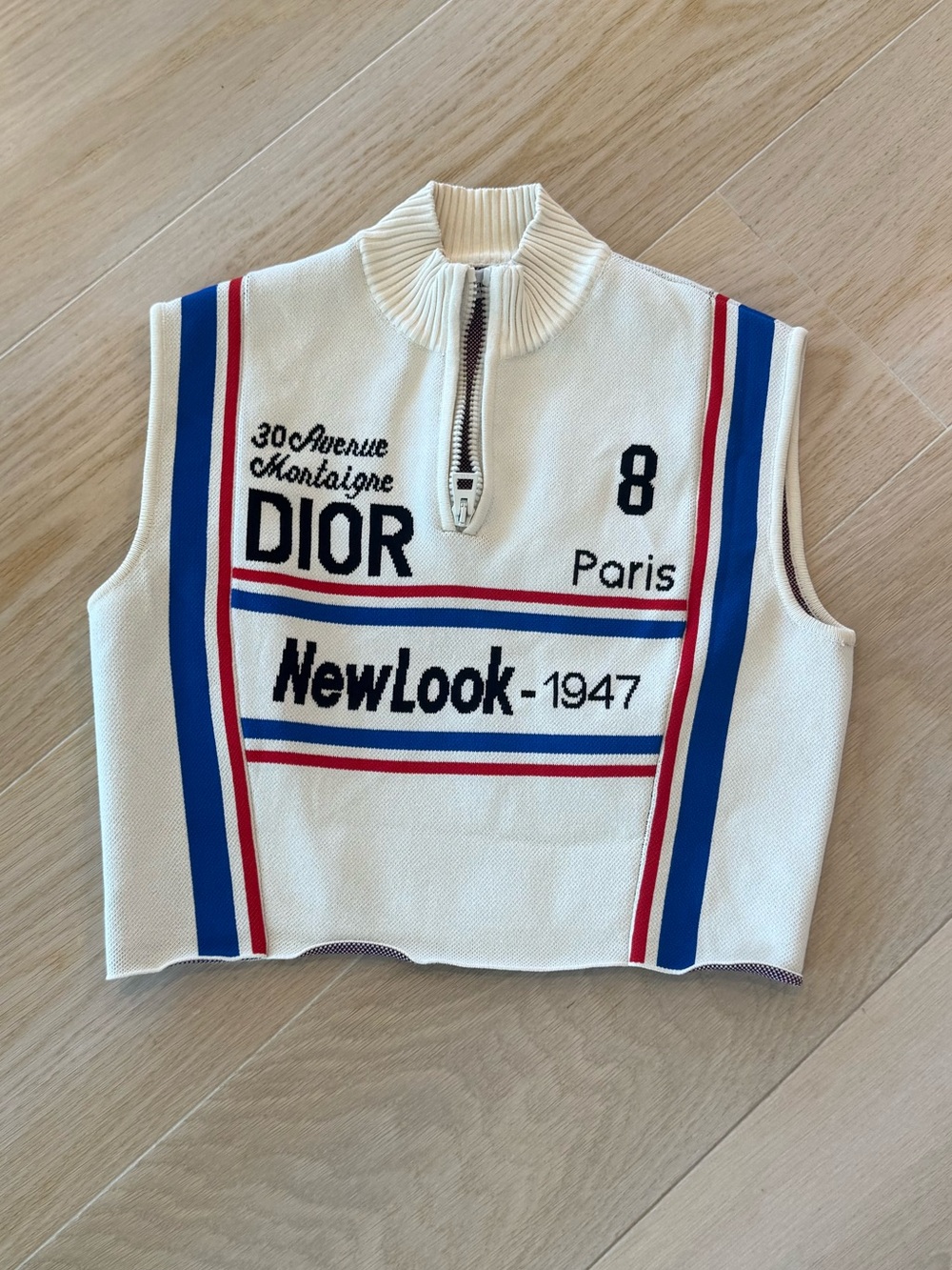 Dior Cream Cropped Sleeveless Zip Vest with Red & Blue Stripes